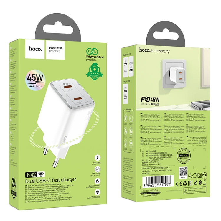 hoco N42 Elogiado PD45W Dual-port Type-C Charger, EU Plug(White) - USB Charger by hoco | Online Shopping UK | buy2fix