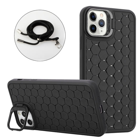 For iPhone 16 Pro Honeycomb Radiating Holder TPU Phone Case with Lanyard(Black) - iPhone 16 Pro Cases by buy2fix | Online Shopping UK | buy2fix