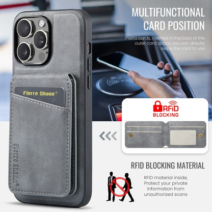 For iPhone 16 Pro Max Fierre Shann Oil Wax Cow Leather Magnetic Card Holder Phone Case(Grey) - iPhone 16 Pro Max Cases by FIERRE SHANN | Online Shopping UK | buy2fix