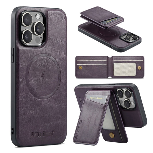 For iPhone 16 Pro Max Fierre Shann Oil Wax Cow Leather Magnetic Card Holder Phone Case(Purple) - iPhone 16 Pro Max Cases by FIERRE SHANN | Online Shopping UK | buy2fix