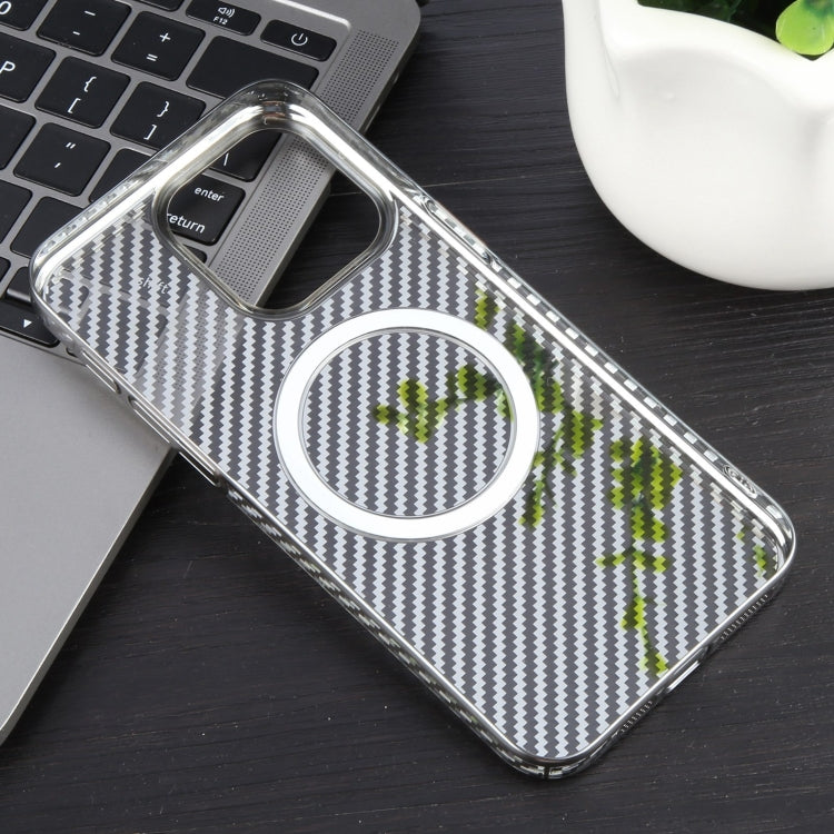 For iPhone 14 6D Plated Carbon Fiber Clear Magsafe PC Phone Case(Titanium Grey) - iPhone 14 Cases by buy2fix | Online Shopping UK | buy2fix