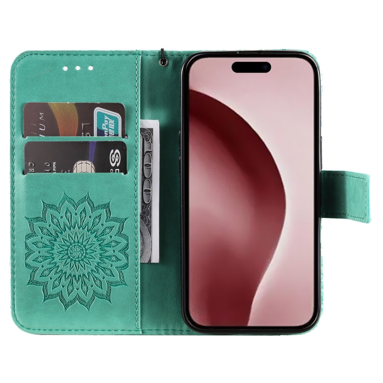 For iPhone 16 Pro Embossed Sunflower Pattern Flip Leather Phone Case(Green) - iPhone 16 Pro Cases by buy2fix | Online Shopping UK | buy2fix