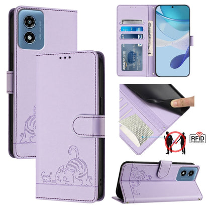 For Motorola Moto G Play 4G 2024 Global Cat Rat Embossed Pattern RFID Leather Phone Case with Lanyard(Purple) - Motorola Cases by buy2fix | Online Shopping UK | buy2fix