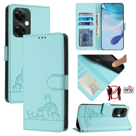 For OnePlus Nord N30 Cat Rat Embossed Pattern RFID Leather Phone Case with Lanyard(Mint Green) - OnePlus Cases by buy2fix | Online Shopping UK | buy2fix