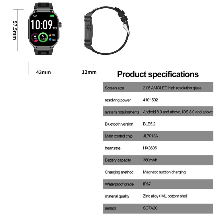 G40S 2.06 inch IP67 BT5.2 Sport Smart Watch, Support Bluetooth Call / Sleep / Blood Oxygen / Heart Rate / Blood Pressure Health Monitor(Grey) - Smart Watches by buy2fix | Online Shopping UK | buy2fix