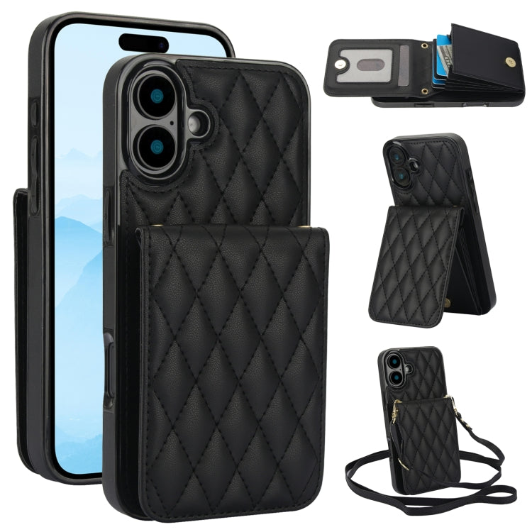 For iPhone 16 YM015 Crossbody Rhombic Card Bag RFID Phone Case(Black) - iPhone 16 Cases by buy2fix | Online Shopping UK | buy2fix