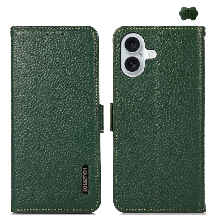 For iPhone 16 Plus KHAZNEH Side-Magnetic Litchi Genuine Leather RFID Case(Green) - iPhone 16 Plus Cases by buy2fix | Online Shopping UK | buy2fix