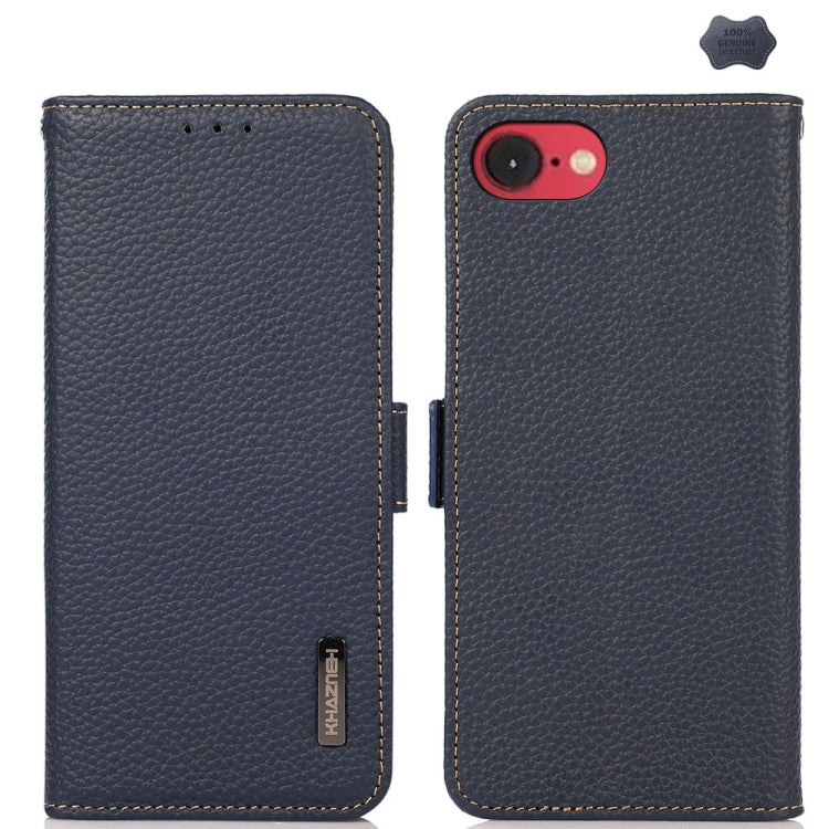 For iPhone SE 2024 KHAZNEH Side-Magnetic Litchi Genuine Leather RFID Case(Blue) - More iPhone Cases by buy2fix | Online Shopping UK | buy2fix