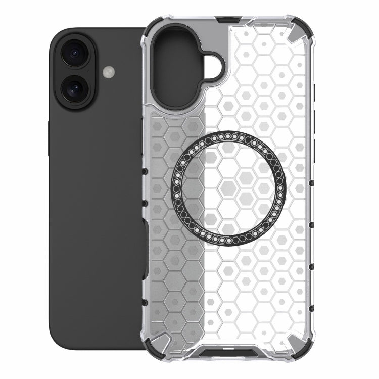 For iPhone 16 Plus Honeycomb Magnetic Ring Shockproof Phone Case(White) - iPhone 16 Plus Cases by buy2fix | Online Shopping UK | buy2fix