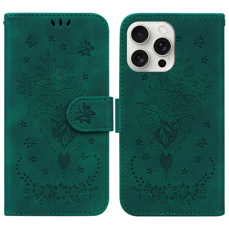 For iPhone 16 Pro Max Butterfly Rose Embossed Leather Phone Case(Green) - iPhone 16 Pro Max Cases by buy2fix | Online Shopping UK | buy2fix