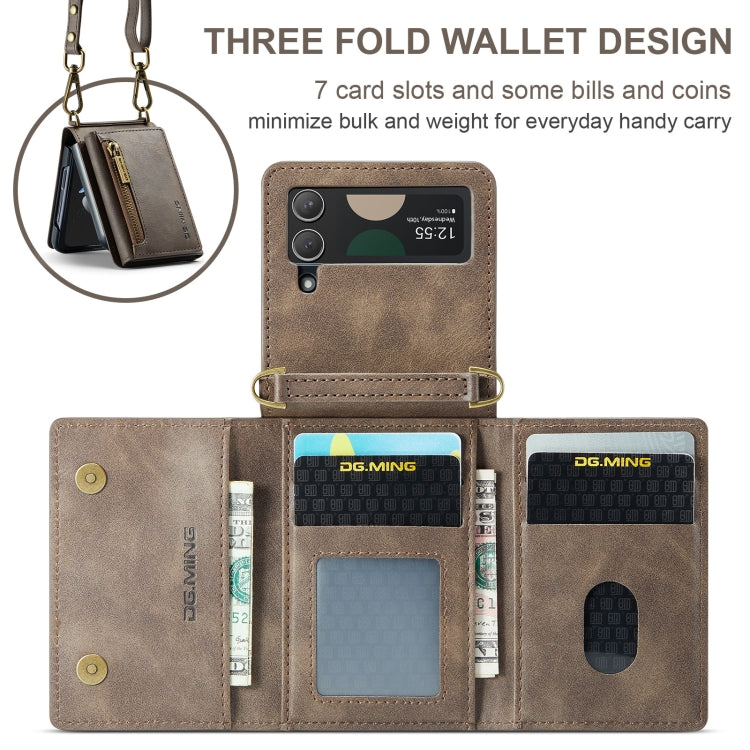 For Samsung Galaxy Z Flip3 5G DG.MING M5 Series Zip RFID Multi Card Detachable Leather Phone Case with Long Lanyard(Coffee) - Galaxy Phone Cases by DG.MING | Online Shopping UK | buy2fix