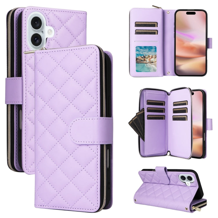 For iPhone 16 Plus Crossbody Rhombic Zipper Tower Buckle Leather Phone Case with Lanyard(Purple) - iPhone 16 Plus Cases by buy2fix | Online Shopping UK | buy2fix