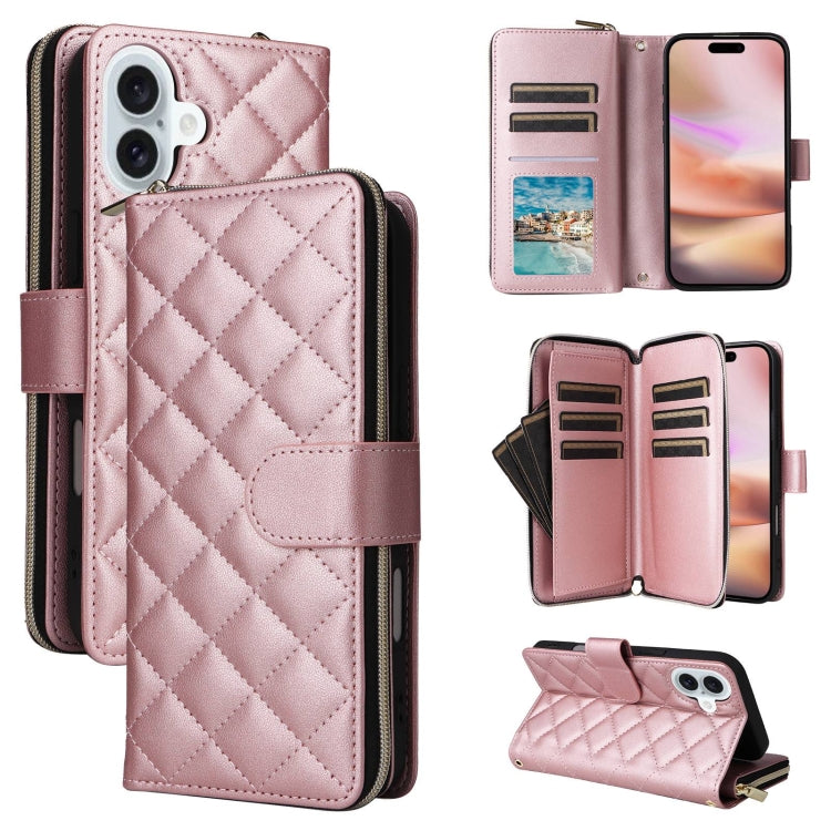 For iPhone 16 Plus Crossbody Rhombic Zipper Tower Buckle Leather Phone Case with Lanyard(Rose Gold) - iPhone 16 Plus Cases by buy2fix | Online Shopping UK | buy2fix