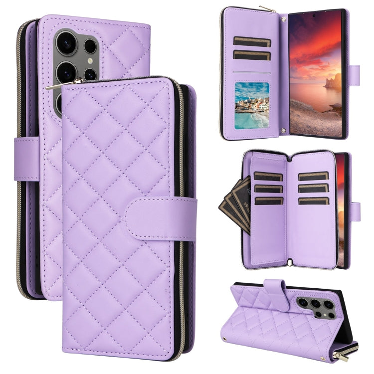 For Samsung Galaxy S25 Ultra 5G Crossbody Rhombic Zipper Tower Buckle Leather Phone Case with Lanyard(Purple) - Galaxy S25 Ultra 5G Cases by buy2fix | Online Shopping UK | buy2fix