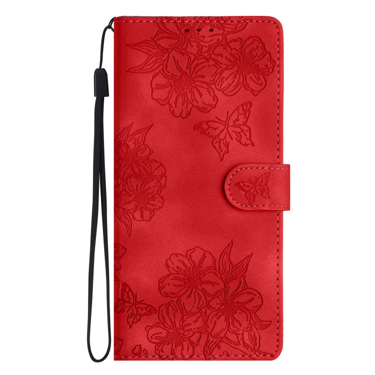 For iPhone 16 Plus Cherry Blossom Butterfly Skin Feel Embossed PU Phone Case(Red) - iPhone 16 Plus Cases by buy2fix | Online Shopping UK | buy2fix