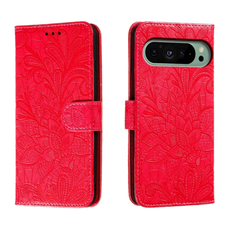 For Google Pixel 9 Lace Flower Embossing Flip Leather Phone Case(Red) - Google Cases by buy2fix | Online Shopping UK | buy2fix