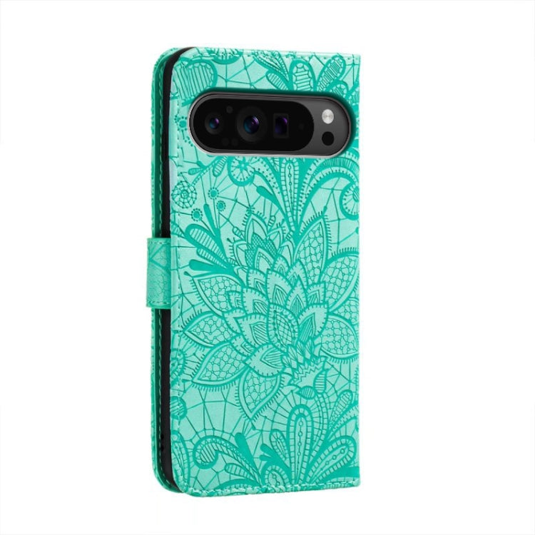 For Google Pixel 9 Pro Lace Flower Embossing Flip Leather Phone Case(Green) - Google Cases by buy2fix | Online Shopping UK | buy2fix