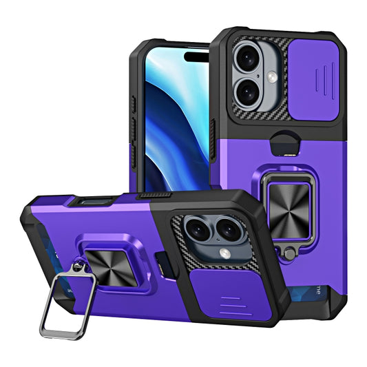 For iPhone 16 Camera Shield Card Slot PC+TPU Phone Case(Purple) - iPhone 16 Cases by buy2fix | Online Shopping UK | buy2fix