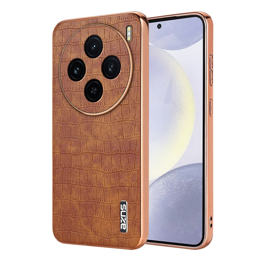 For vivo X100 5G AZNS Electroplated Frame Crocodile Texture Full Coverage Phone Case(Brown) - X100 Cases by AZNS | Online Shopping UK | buy2fix