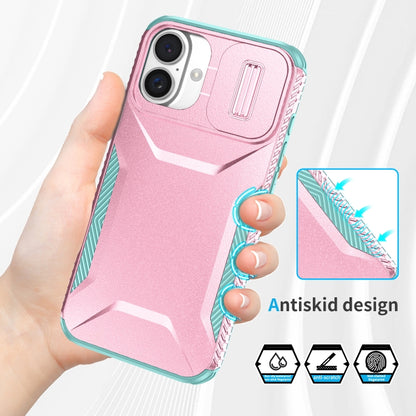 For iPhone 16 Sliding Camshield Phone Case(Pink + Grey Green) - iPhone 16 Cases by buy2fix | Online Shopping UK | buy2fix