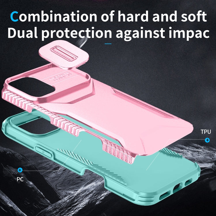 For iPhone 16 Sliding Camshield Phone Case(Pink + Grey Green) - iPhone 16 Cases by buy2fix | Online Shopping UK | buy2fix