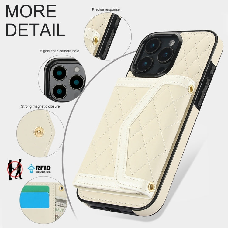 For iPhone 16 Pro Max Splicing Rhombic Texture Card Bag Phone Case with Long Lanyard(Beige) - iPhone 16 Pro Max Cases by buy2fix | Online Shopping UK | buy2fix