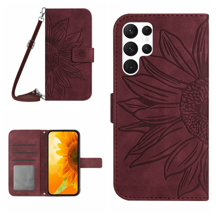 For Samsung Galaxy S25 Ultra 5G Skin Feel Sun Flower Embossed Flip Leather Phone Case with Lanyard(Wine Red) - Galaxy S25 Ultra 5G Cases by buy2fix | Online Shopping UK | buy2fix