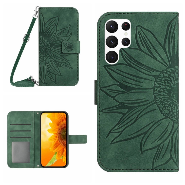 For Samsung Galaxy S25 Ultra 5G Skin Feel Sun Flower Embossed Flip Leather Phone Case with Lanyard(Green) - Galaxy S25 Ultra 5G Cases by buy2fix | Online Shopping UK | buy2fix