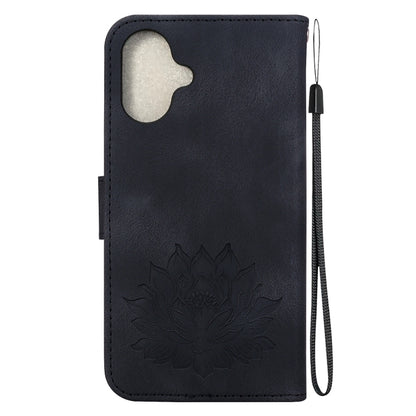 For iPhone 16 Lotus Embossed Leather Phone Case(Black) - iPhone 16 Cases by buy2fix | Online Shopping UK | buy2fix