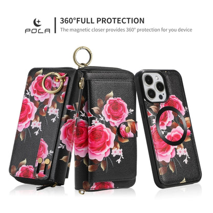 For iPhone 15 Pro Max POLA MagSafe Flower Multi-functional Zipper Wallet Leather Phone Case(Black) - iPhone 15 Pro Max Cases by buy2fix | Online Shopping UK | buy2fix