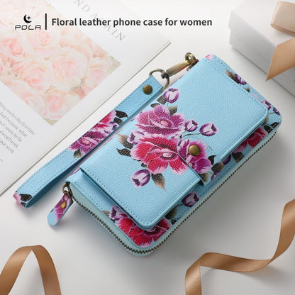 For iPhone 15 POLA MagSafe Flower Multi-functional Zipper Wallet Leather Phone Case(Sky Blue) - iPhone 15 Cases by buy2fix | Online Shopping UK | buy2fix