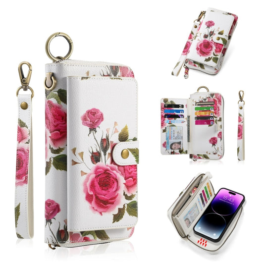 For iPhone 14 Pro POLA MagSafe Flower Multi-functional Zipper Wallet Leather Phone Case(Beige) - iPhone 14 Pro Cases by buy2fix | Online Shopping UK | buy2fix