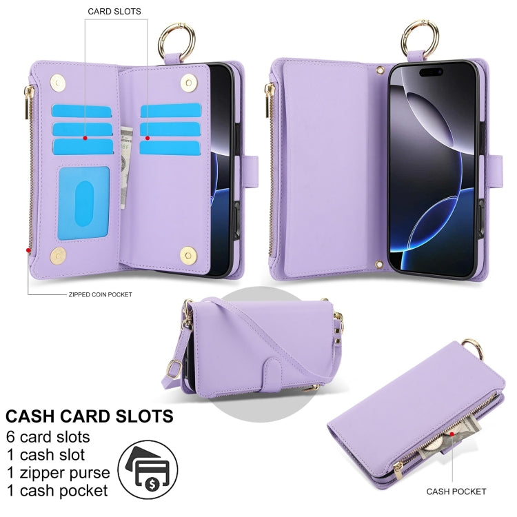 For iPhone 16 Pro Max Crossbody Ring Multifunctional Wallet Leather Phone Case(Purple) - iPhone 16 Pro Max Cases by buy2fix | Online Shopping UK | buy2fix