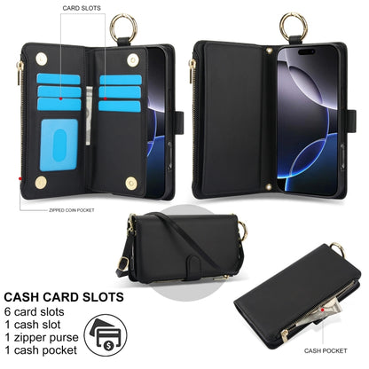 For iPhone 16 Pro Crossbody Ring Multifunctional Wallet Leather Phone Case(Black) - More iPhone Cases by buy2fix | Online Shopping UK | buy2fix