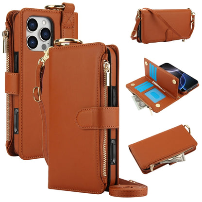 For iPhone 16 Pro Crossbody Ring Multifunctional Wallet Leather Phone Case(Brown) - More iPhone Cases by buy2fix | Online Shopping UK | buy2fix