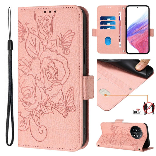 For OnePlus 11 Embossed Rose RFID Anti-theft Leather Phone Case(Pink) - OnePlus Cases by buy2fix | Online Shopping UK | buy2fix