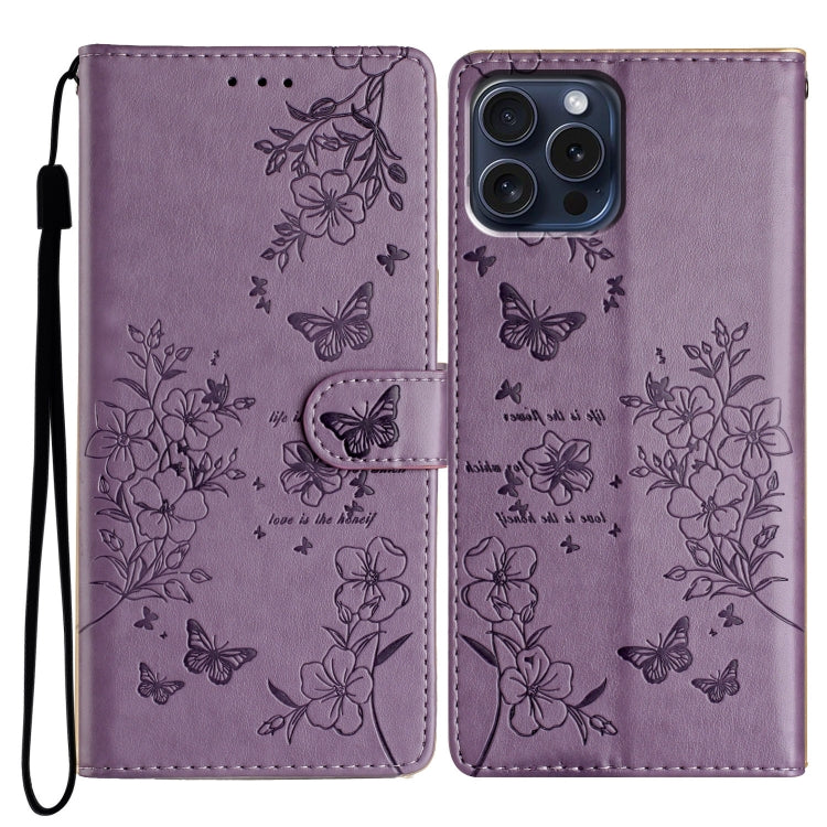 For iPhone 16 Pro Butterflies and Flowers Leather Phone Case(Purple) - iPhone 16 Pro Cases by buy2fix | Online Shopping UK | buy2fix