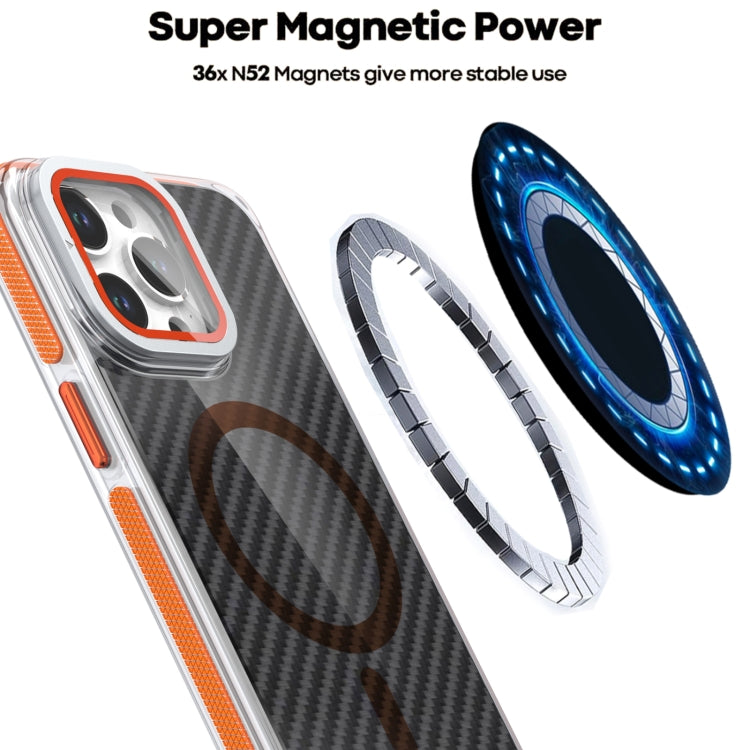 For iPhone 15 Pro Magsafe Dual-Color Carbon Fiber Lens Film Phone Case with Lens Fold Holder(Orange) - iPhone 15 Pro Cases by buy2fix | Online Shopping UK | buy2fix