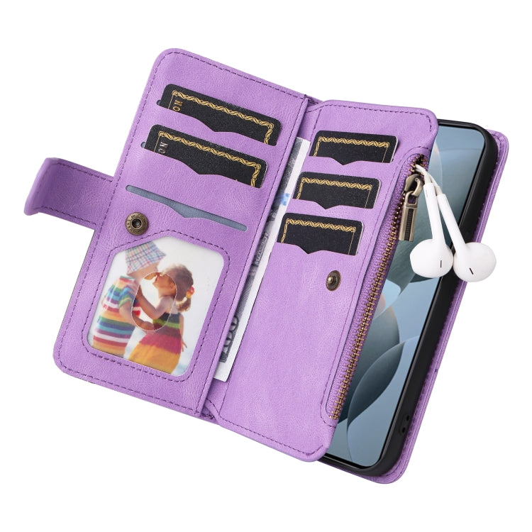 For Redmi K70 Dual-color 9 Card Slots Zipper Wallet Leather Phone Case(Purple) - K70 Cases by buy2fix | Online Shopping UK | buy2fix