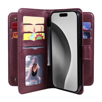 For iPhone 16 Pro Max Multi-Function Wallet 10 Card Slots Leather Phone Case(Claret) - iPhone 16 Pro Max Cases by buy2fix | Online Shopping UK | buy2fix