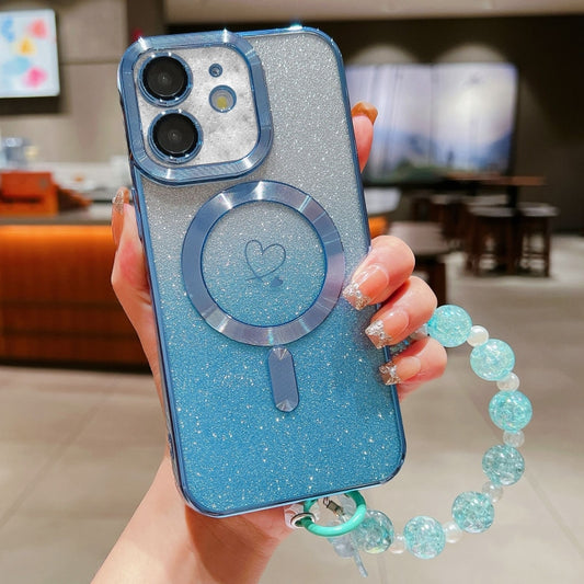 For iPhone 12 Loves Gradient Glitter Bracelets Carbon Fiber Magsafe TPU Phone Case(Blue) - iPhone 12 / 12 Pro Cases by buy2fix | Online Shopping UK | buy2fix