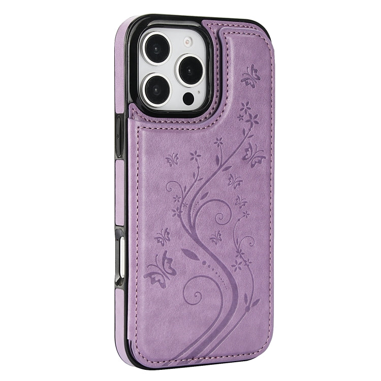 For iPhone 16 Pro Max Double Buckle Butterfly Embossing PU Phone Case(Purple) - iPhone 16 Pro Max Cases by buy2fix | Online Shopping UK | buy2fix