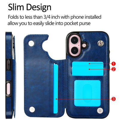 For iPhone 16 Plus Double Buckle Crazy Horse Texture PU Phone Case(Blue) - iPhone 16 Plus Cases by buy2fix | Online Shopping UK | buy2fix