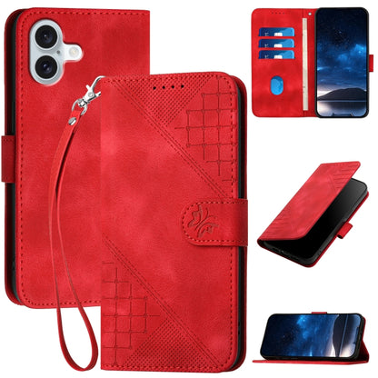 For iPhone 16 Plus YX0080 Grid Butterfly Embossed Pattern Flip Leather Phone Case with Lanyard(Red) - iPhone 16 Plus Cases by buy2fix | Online Shopping UK | buy2fix