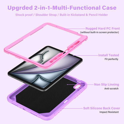 For iPad Air 11 2024 Kickstand PC Hybrid Silicone Tablet Case with Strap(Purple Rose Red) - iPad Air 11 2024 Cases by buy2fix | Online Shopping UK | buy2fix