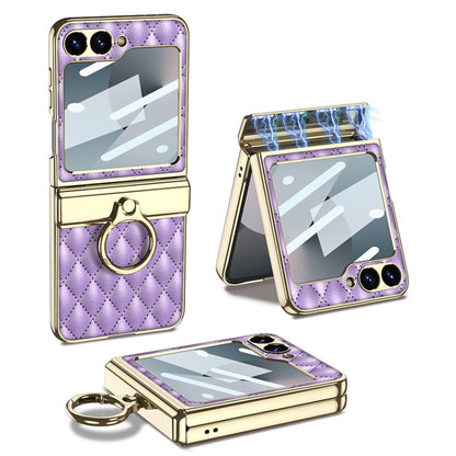 For Samsung Galaxy Z Flip6 GKK Rhombus Pattern Integrated Electroplated Leather Phone Case with Ring(Purple) - Galaxy Z Flip6 5G Cases by GKK | Online Shopping UK | buy2fix