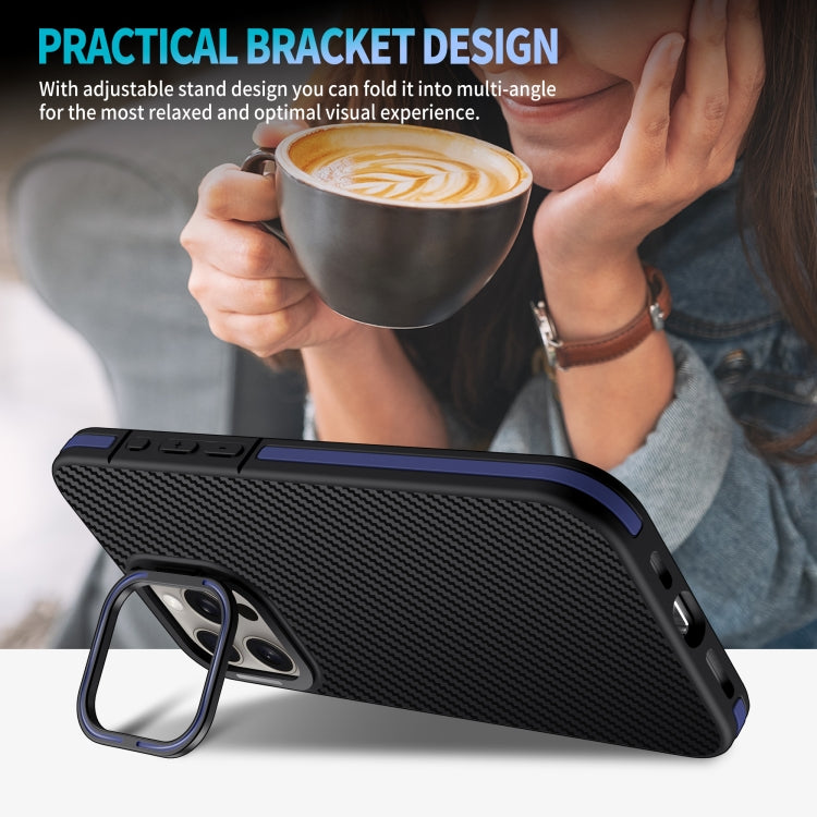 For iPhone 16 Pro Carbon Fiber Texture Lens Holder TPU Phone Case(Blue) - iPhone 16 Pro Cases by buy2fix | Online Shopping UK | buy2fix