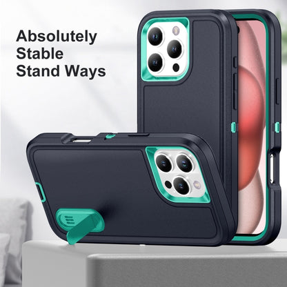 For iPhone 16 Pro Rugged PC + Silicone Phone Case with Holder(Dark Blue+Light Green) - iPhone 16 Pro Cases by buy2fix | Online Shopping UK | buy2fix