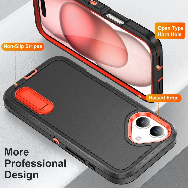 For iPhone 16 Rugged PC + Silicone Phone Case with Holder(Black+Orange) - iPhone 16 Cases by buy2fix | Online Shopping UK | buy2fix