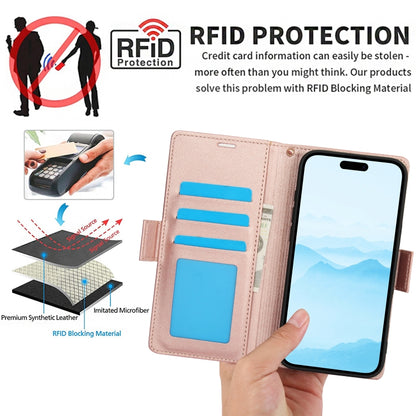 For iPhone 16 Side Buckle RFID Anti-theft Leather Phone Case(Rose Gold) - iPhone 16 Cases by buy2fix | Online Shopping UK | buy2fix